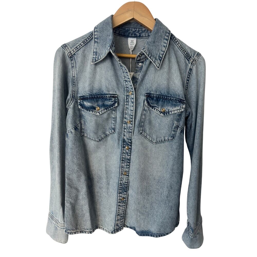 NWT H&M &DENIM Light Blue Lyocell Cotton Snap Front Denim Shirt XS